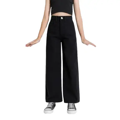 High Waist Women Black Wide Leg Jeans Ankle Length