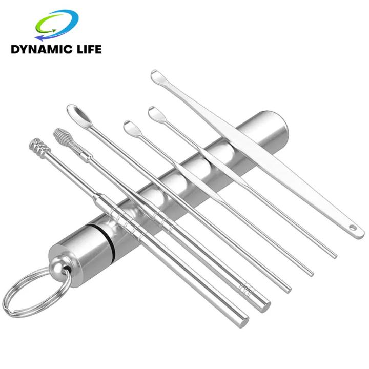 Dynamic Life 6Pcs Ear Wax Cleaning Kit with Box, Ear Cleaning Tool Set, Curette Remover, Ear Spoon Spiral Earpick Set, Wax Removal Kit, Spring Earwax Cleaner Tool, Reusable Ear Cleaner for Children and Adult