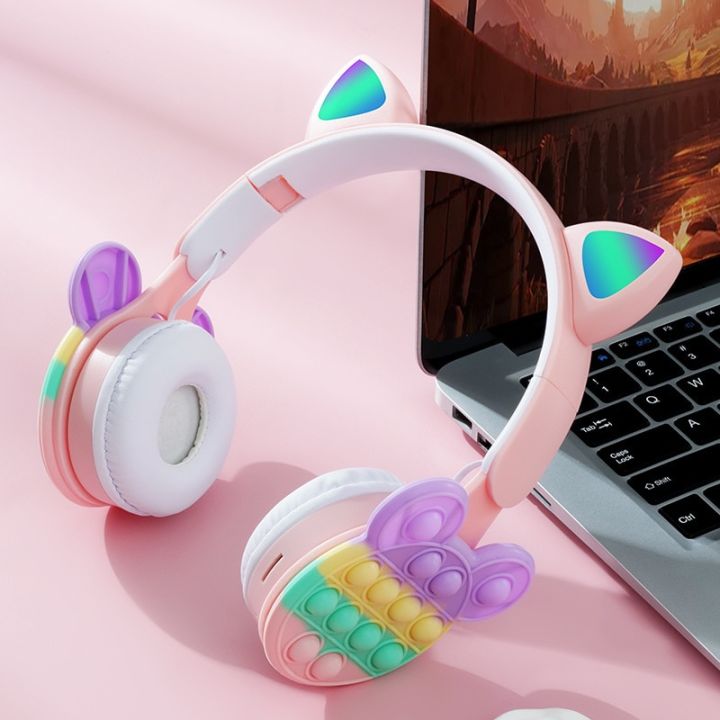 New Cartoon Bubble Rainbow Decompression Wireless Bluetooth Cat Ear RGB Headset with mic Children's headphones support TF card