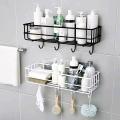 "Multipurpose Wall-Mounted Storage Rack - 1 Layer Metal Shelf with Hooks, Black Metal Shelf, Shower & Bathroom Storage Organizer, Kitchen Wall Rack, Durable Punch Frame, Space-Saving Design". 