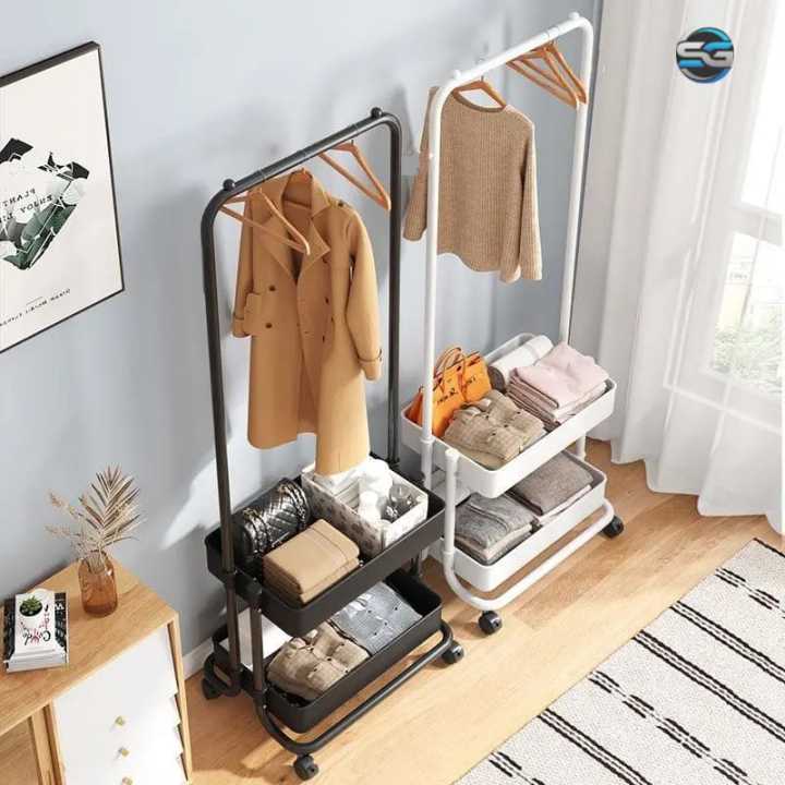 Shah G 3-in-1 Garment Rack Shoe Rack Clothing Rack Imported High Quality Coat and Garment Hanger, Cloth Organizer, Garment Rack having Multiple Hanger Hooks with 2 Bottom Storage Shelves,  - Single Pole OR Double Pole