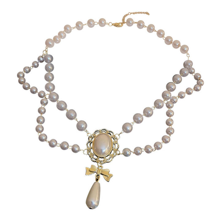 Multi-Layer White Pearl Heart Necklace Vintage Pearl Choker Necklace for Women Elegant Bowknot Pendant Wedding Necklace Jewelry