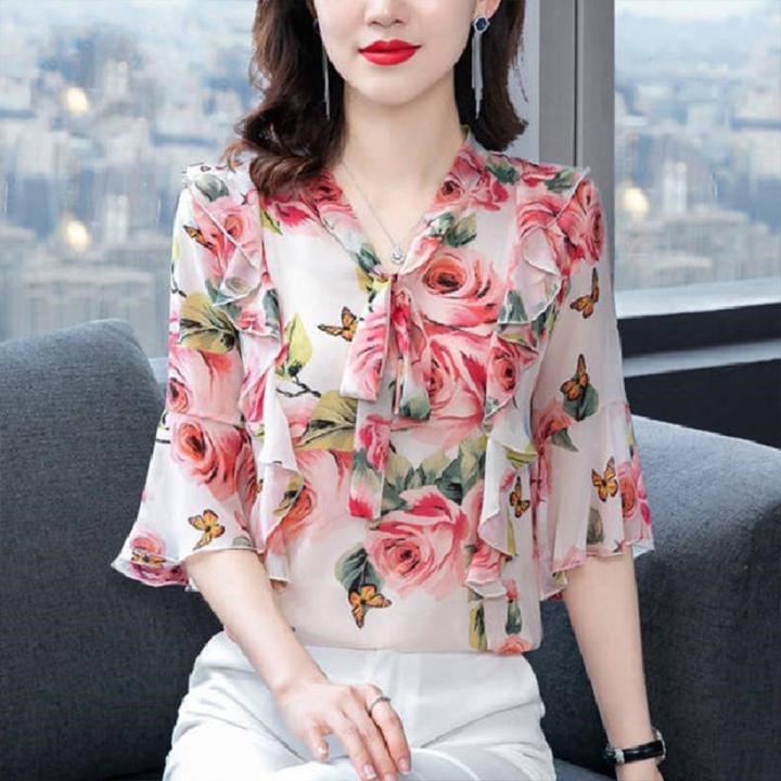 Women Shirt Summer V neck Lace up Short sleeved Floral Print ffon Bottoming Shirt color Rose flower size L Daraz.pk