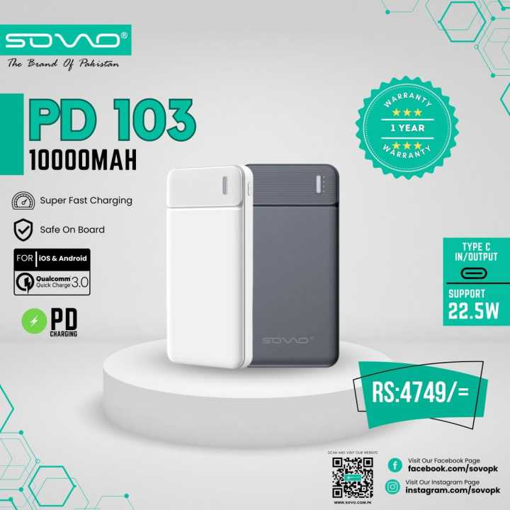 SOVO PD 103 Power Bank - 10000 mAh Portable Charger Power Bank - Super Fast Charging Power Bank - Quick 3.0 - Power Bank - 1 Year Official Warranty - Compatible With iOS And Android Devices
