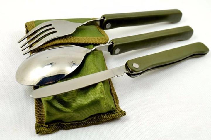 Multifunction Outdoor Tableware,3 in 1 Camping Folding Spoon Fork Knife Portable Cutlery Set with Pounch
