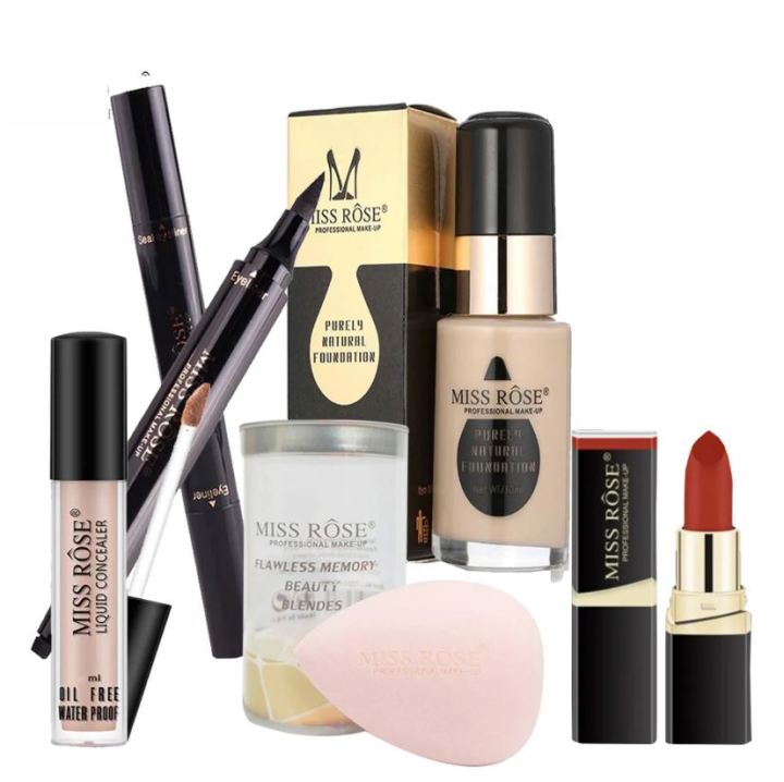 MISS ROSE 5 in 1 Exclusive Deal (Lipstick Liquid Foundation-Concealer-Eye Liner-Blender)