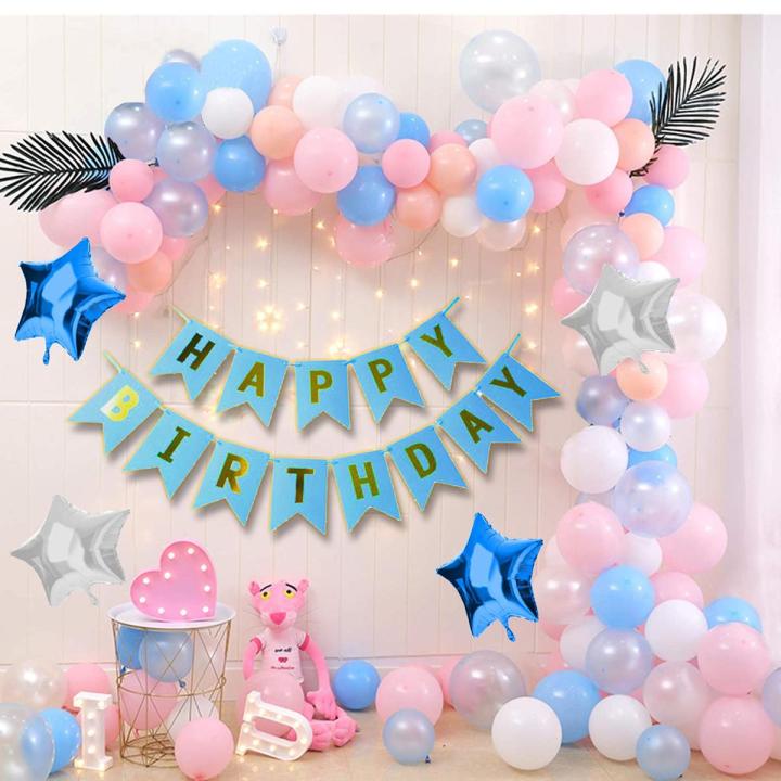 Happy Birthday Decoration Theme Set 1 Pcs Birthday Banner 30 Pcs Balloons ( 10 Pink ,10 Silver ,10 Blue )  2 Pcs Foil Star 1 Pcs  Fairy Light   Birthday Accessories Birthday party items Birthday Home Decors