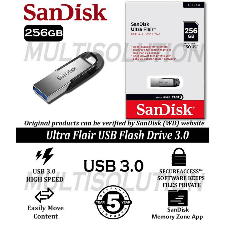 SanDisk 256GB Ultra Flair CZ73 USB 3.0 - 150MB/s Speed - 5 Years Warranty