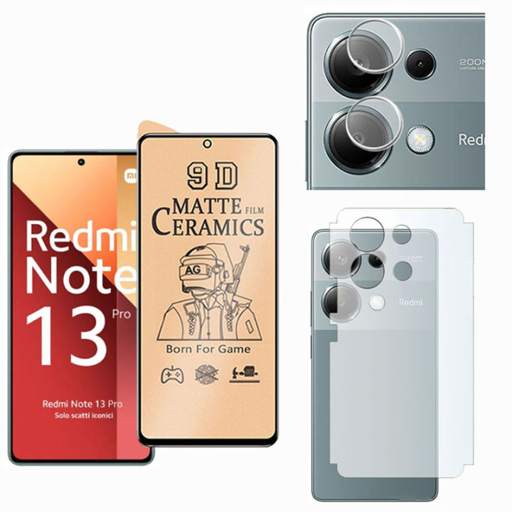 Pack of 3 - Xiaomi Redmi Note 13 Pro 4G Ceramic Matte Screen Protector 9D 11D 21D + Back Matte Protector Soft Skin Sheet Film Protection + Camera Lens Glass For redmi note13 pro - Transparent