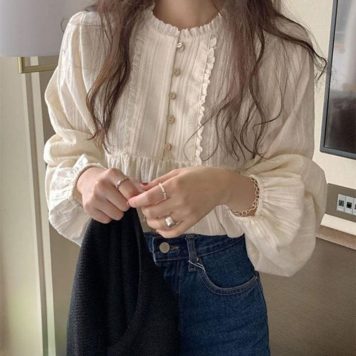 2024 New High-Grade White Shirt Women's Autumn New Lace Lacework round-Neck Small Shirt Loose Long Sleeve Top Women's