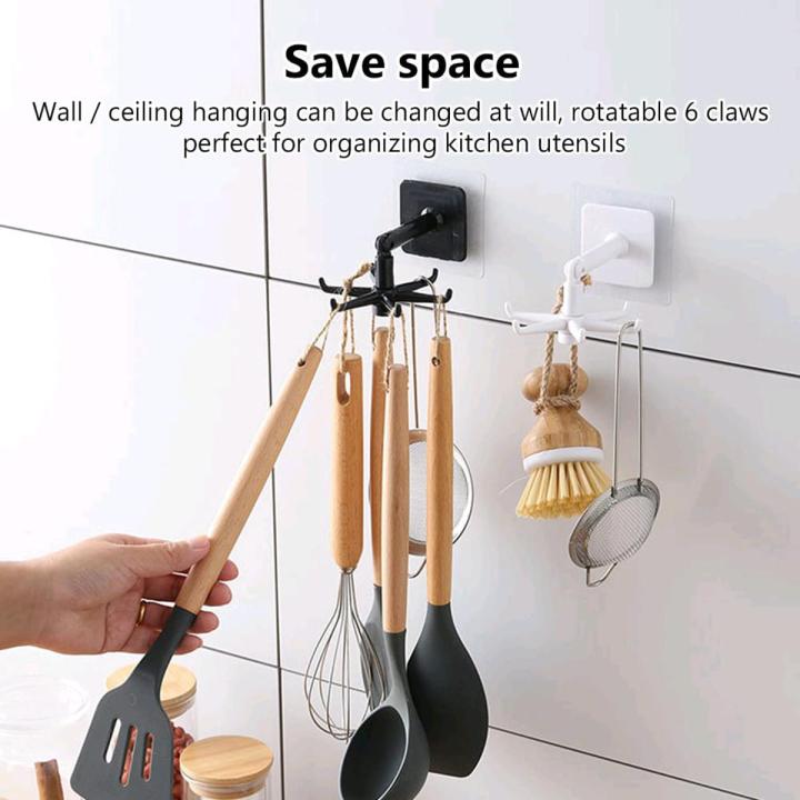 360 Degrees Self-Adhesive Hook Kitchen Bathroom Storage Hanger Wall Hanging Cabinet Shelf Rotating Folding Hooks Foldable Rotatable Mounted Organizer Holder Moisture Proof Swivel Seamless Hangers Mount Adhesive Strong Bearing Manual Detachable