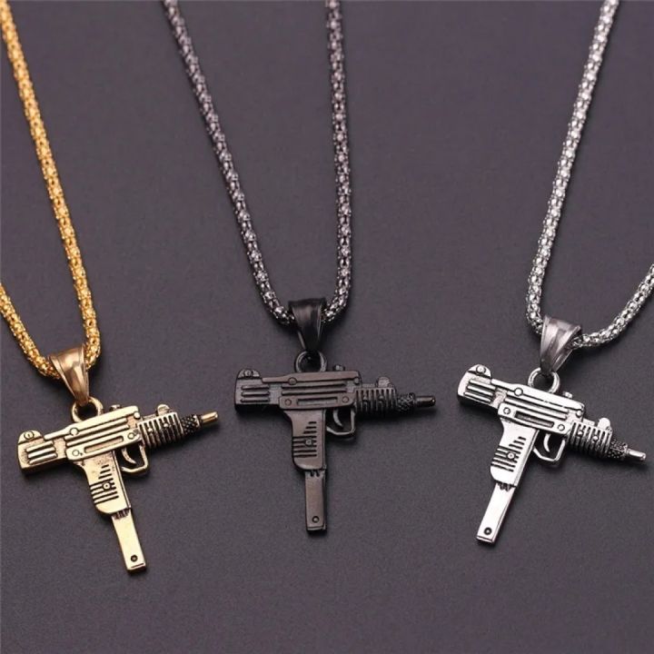 Mens Black Chain Necklace High Quality Stainless steel Uzi toy gun Pendant