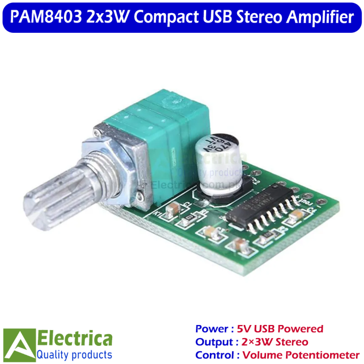 PAM8403 Audio Amplifier Board PAM8403 Small Module – DC 5V 2-Channel USB Digital Audio Amplifier 2×3W with Volume Potentiometer for Speakers, DIY Audio by Electrica