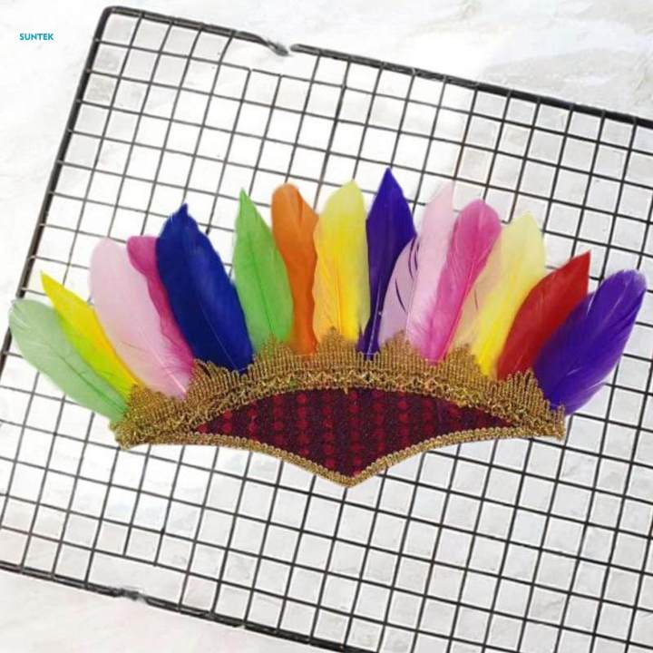 Feather Headdress American Chief Indian Native Hat for Festival Performance Colorful Rose Red