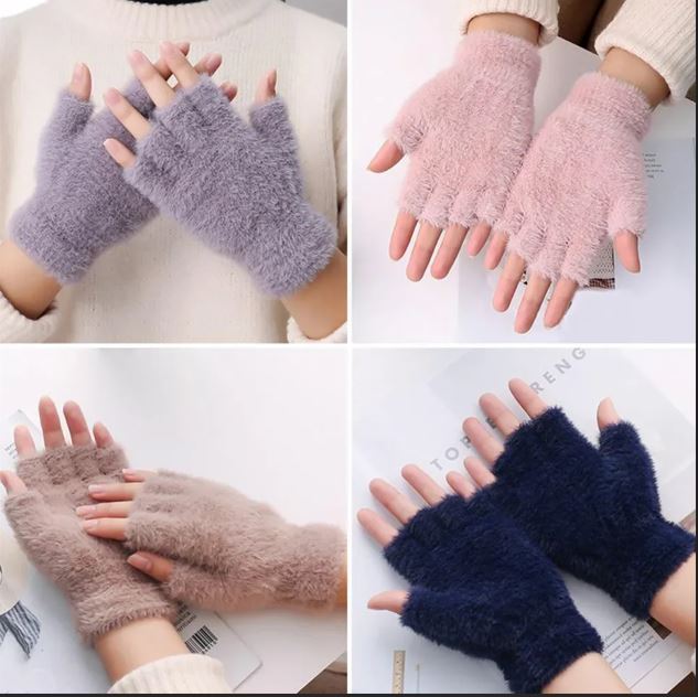 Girls Soft Half Finger Gloves Plush Fingerless Gloves.