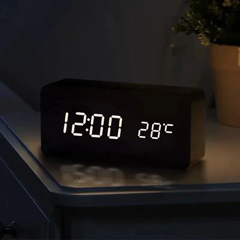 Aesthetic Wooden Digital LED Table Clock with Temperature & Date ...