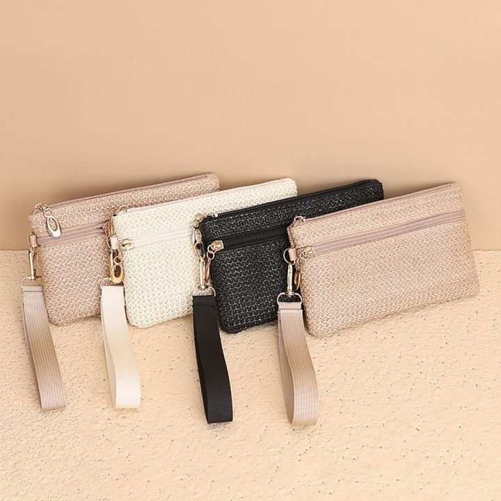 Cute Straw Wallet Mini Double Zipper Coin Purse Change Pouch for Lady Women Girls