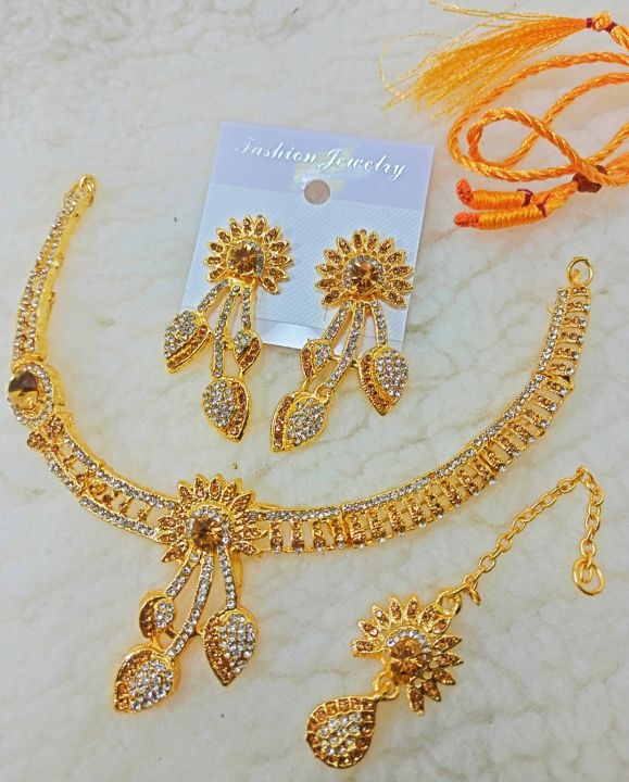 Ayzal collection Jewellery Set with Necklace, Earings and Bindia/ Teeka for Girls, Women and Ladies Pearl & Zircon Studded, Jewellery for girls, women, ladies 003.