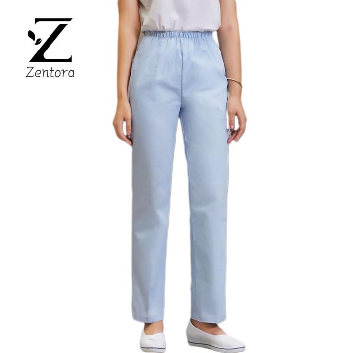 Zentora Elastic Waist Nurse Trousers Summer Nurse Pants Mid-rise Elastic Waist Straight Wide Leg Long Trousers Solid Color for Doctors Nurses Work Comfortable Stylish Healthcare Uniform for Professionals