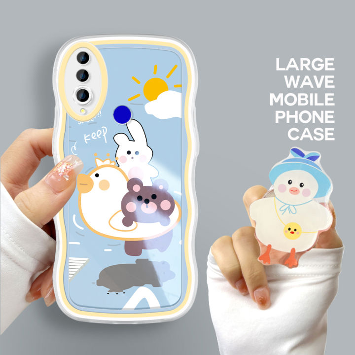 DEL for Huawei Y9 Prime 2019 Back Cover (With Free Holder) Lovely Bear Cartoon Transparent Phone Case Camera Protection Soft Wavy TPU Cover
