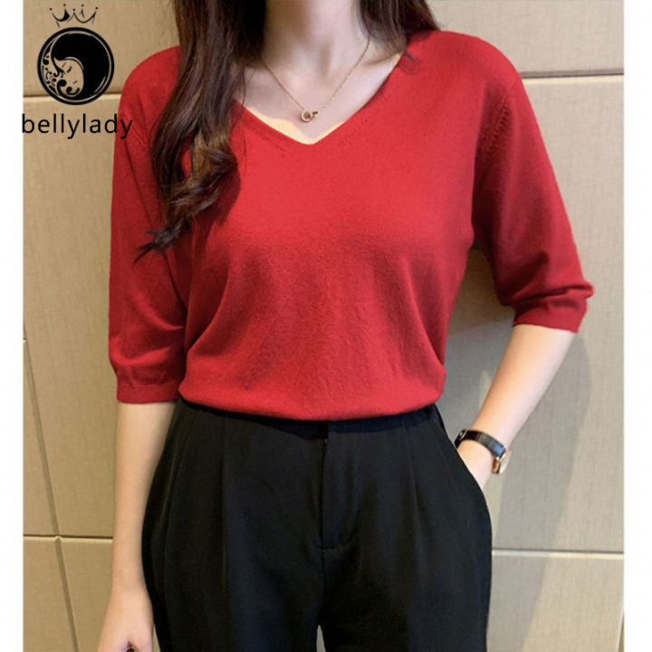 Women%20V%20Neck%20Blouse%20Casual%20Loose%20Half%20Sleeves%20Tops%20Fashion%20Solid%20Color%20Pullover%20Breathable%20T%20Shirt%20-%20Image%202