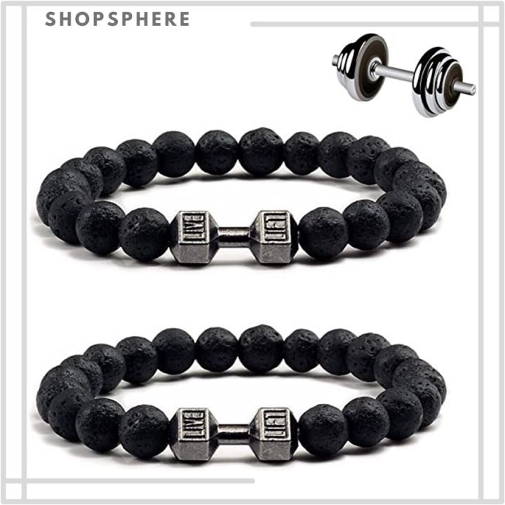 ShopSphere Black Dumbbell Bracelet Gym Bros Bracelet Volcanic Stone Adjustable Natural Stone Beads Bracelet Fitness Barbell Jewelry for Men