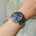 Casio Edifice Mens Steel Black Ion Plated Bezel Solar Power Date Grey Chronograph Carbon Fiber Dial Silver Stainless Steel Brecelet Watch-EQS-930DB-1AVUDF. 