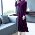 bellylady Women Velvet Long Skirt Fashionable Solid Color Long Sleeves Round Neck Dress Elegant Large Size Casual Dress. 