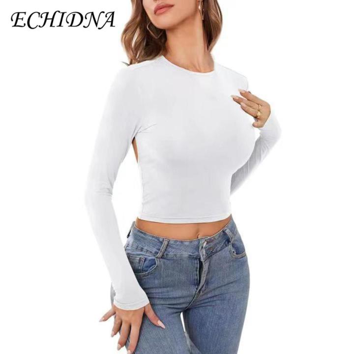 ECHIDNA Lady Summer T-shirt Backless O Neck Spring Summer Crop Top