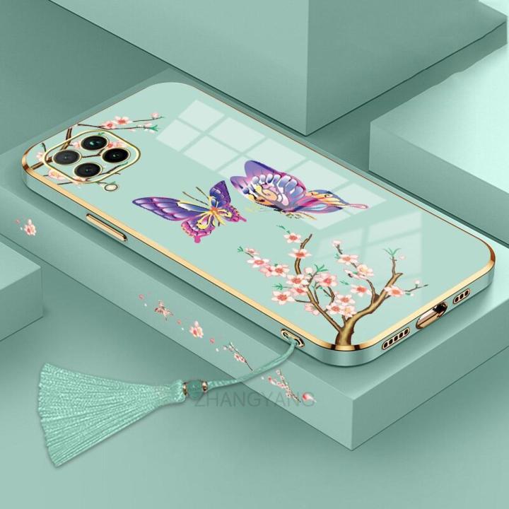 Casing Samsung a12 a22 Phone Case Plating Straight Edge Silicone Phone Case Beautiful Butterfly design with Tassel Lanyard