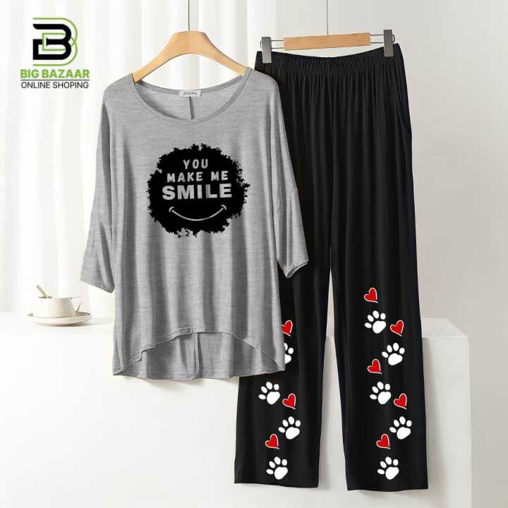 "Stay%20Chic%20and%20Comfortable:%20Summer%20Style%20Printed%20Lounge%20Wear%20with%20Stylish%20Back%20Long%20T-shirt%20and%20Black%20Flapper%20Trouser%20in%20Soft%20Jersey%20Fabric!"%20-%20Image%202