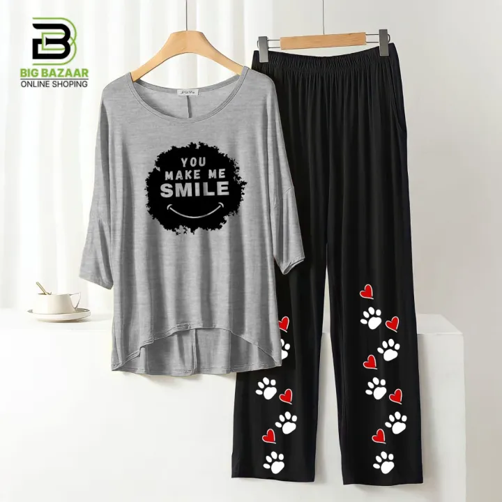 "Stay%20Chic%20and%20Comfortable:%20Summer%20Style%20Printed%20Lounge%20Wear%20with%20Stylish%20Back%20Long%20T-shirt%20and%20Black%20Flapper%20Trouser%20in%20Soft%20Jersey%20Fabric!"%20-%20Image%202