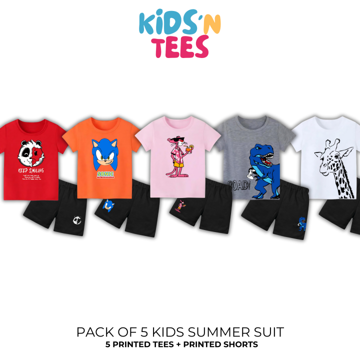 Kidsntees Pack of 5 Kids Summer Suits - Printed T-Shirt + Shorts - Premium Printed T-shirts For Teen Boys & Girls - High Quality T-shirts For Toddler Boys & Girls - 100% Cotton, High-Quality DTF Prints, Ages 6 Months to 12 Years, Free Delivery