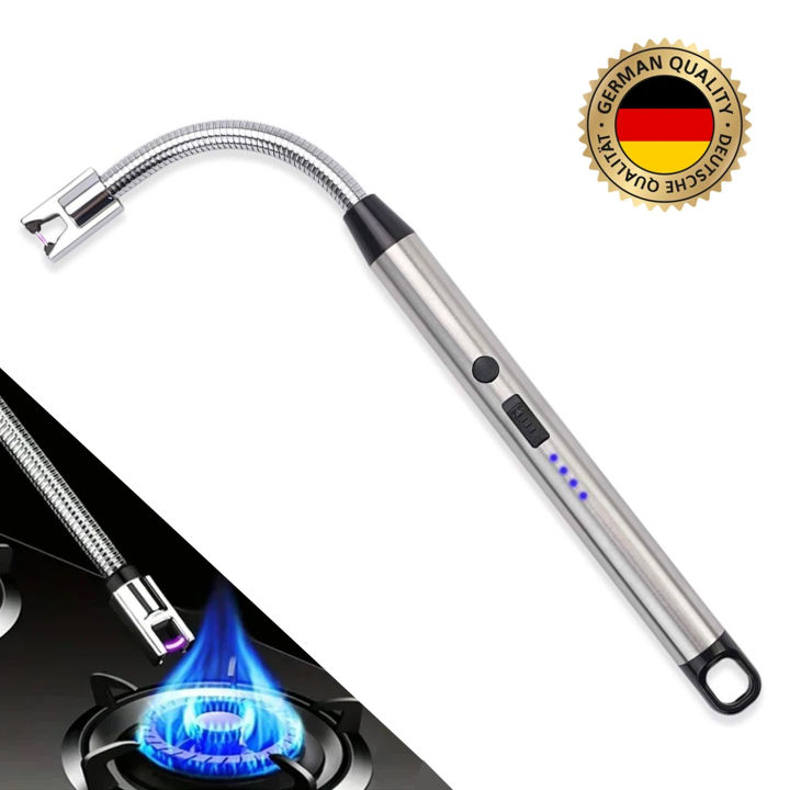 Top German Quality Electric Windproof Arc Lighter with LED Flashlight, USB Rechargeable Candle Lighter BBQ Lighter with Safety Lock, [Flameless & Windproof] 360° Flexible Long Neck Arc Plasma Lighter for Cooking , Stove, Camping ,Candles ,kitchen Grill