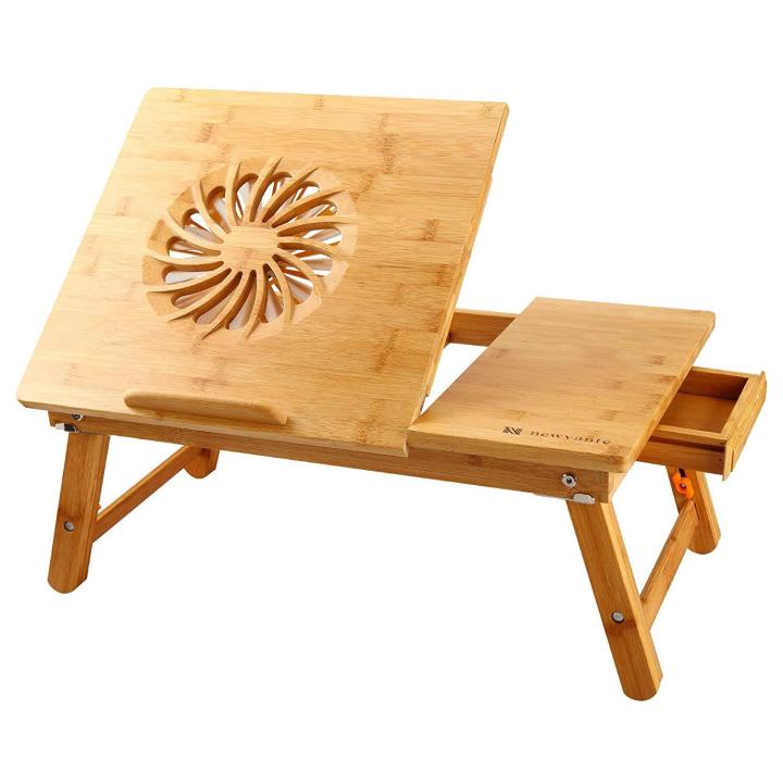 Laptop Desk Nnewvante Adjustable Laptop Desk Table 100% Bamboo with USB Fan Foldable Breakfast Serving Bed Tray w' Drawer (F)