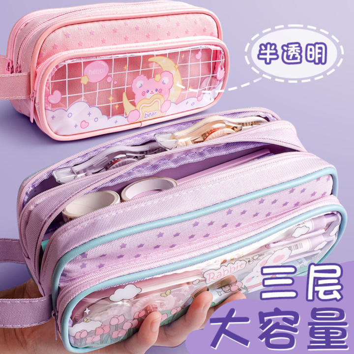 Multi-layer Pencil Holder Zipper Pencil Pouch Large Capacity Pencil Pouch Three-layer Pencil Bag Transparent Pencil Case