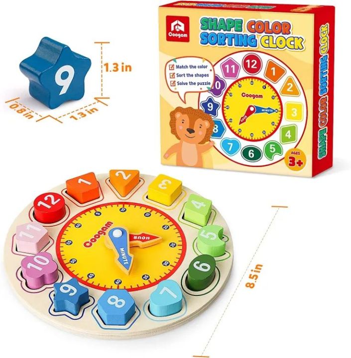 Joy Joy Wooden Shape Color Sorting Clock | Teaching Time & Number Blocks Puzzle | Stacking Sorter Jigsaw Montessori Educational Toy | Early Learning Gift for 1 Year Old Kids | Interactive Shape & Color Matching Toy | Developmental Learning & Fun