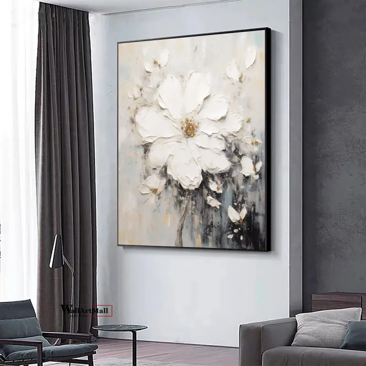 Large%203D%20Textured%20Abstract%20White%20Flower%20Painting%20Print%20Original%20Flower%20Canvas%20Wall%20Art%20Home%20Decor%20Minimalist%20Custom%20Painting%20Ready%20to%20hang%20-%20Image%204
