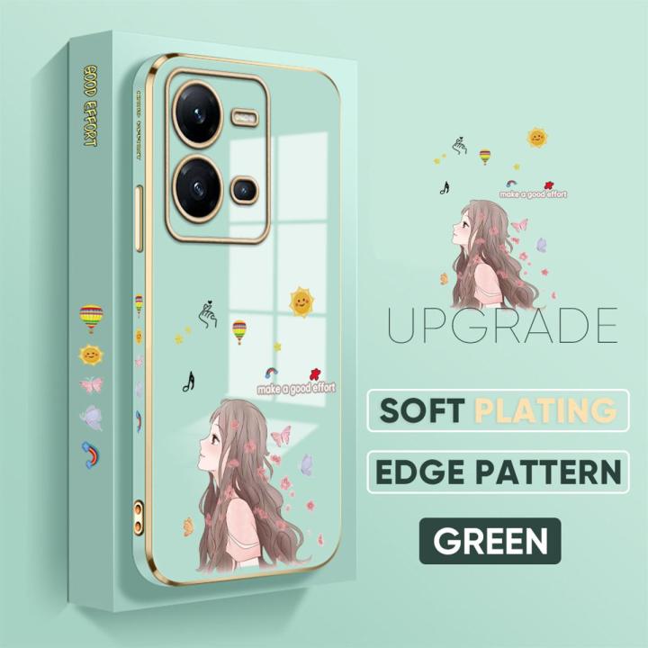 TA for Vivo V25 5G / V25E Back Cover + Free Lanyard Charming Girl Luxury 6D Plating Case Side Pattern Soft Silicone Square Phone Cases
