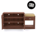 Wooden Street Engineered Wood Exotic Teak & Frosty White Finish Macon Shoe Rack Cabinet Multipurpose Rack for Home & Office with 2 Doors, 4 Shelves, 1 Drawer, Cushion Seat. 