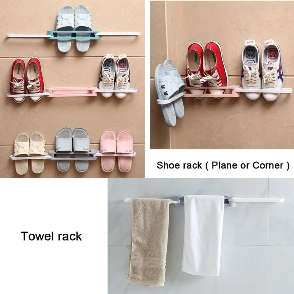 3 in 1 Bathroom Slippers Rack Self Adhesive Wall Mounted Shoe Organizer Rack Folding Slippers Holder Shoes Hanger Storage Towel Daraz.pk