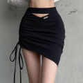 Women Skirt Solid Color Sext Hollowed Hips-wrapped Skirt Drawstring Irregular High-waisted Short Skirt. 