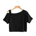 Black Plain Printed Cotton Off Shoulder Cropped T-Shirt For Women. 