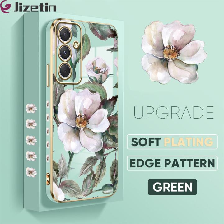 Jizetin (Free Lanyard) for Samsung A54 5G Back Cover White Peony Flower Luxury 6D Plating Case Side Pattern Soft Silicone Square Mobile Phone Cases