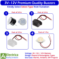 Multi-Voltage 3V, 5V & 12V Buzzers – Rectangular & Round Piezo Types for Arduino, Alarms, Toys & Circuits by Electrica. 