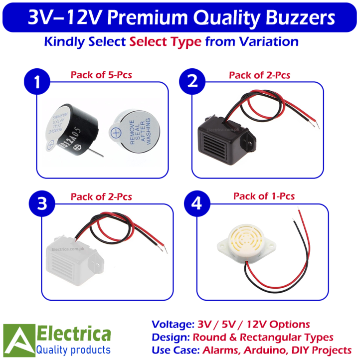 Multi-Voltage 3V, 5V & 12V Buzzers – Rectangular & Round Piezo Types for Arduino, Alarms, Toys & Circuits by Electrica