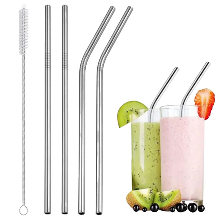 Sipper Bundle Pack of 5 Stainless Steel Reusable Drinking Straws With Cleaning Brush Metal Straws