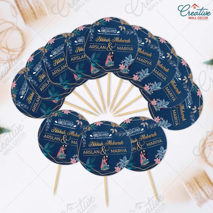 CUSTOMIZED Nikkah Mubarak Mithai Cupcake Toppers Pack of 12, Perfect for Engagement & Wedding Party Celebration, 2.5 inches mini Toppers