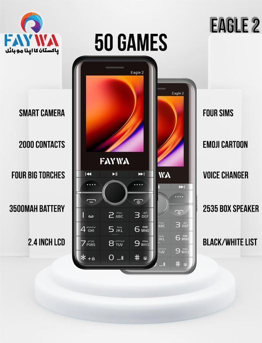 Faywa Eagle 2 - 4 Sims Mobile - 4 Active Sims - PTA Approved - 3500mAH Battery - Voice changer -2000 Contacts Save Memory - 50 Games - 2.4 Inch Display - Auto Call recording - Wireless FM Radio - Smart Camera - Audio & Video player - 1 Year brand warranty