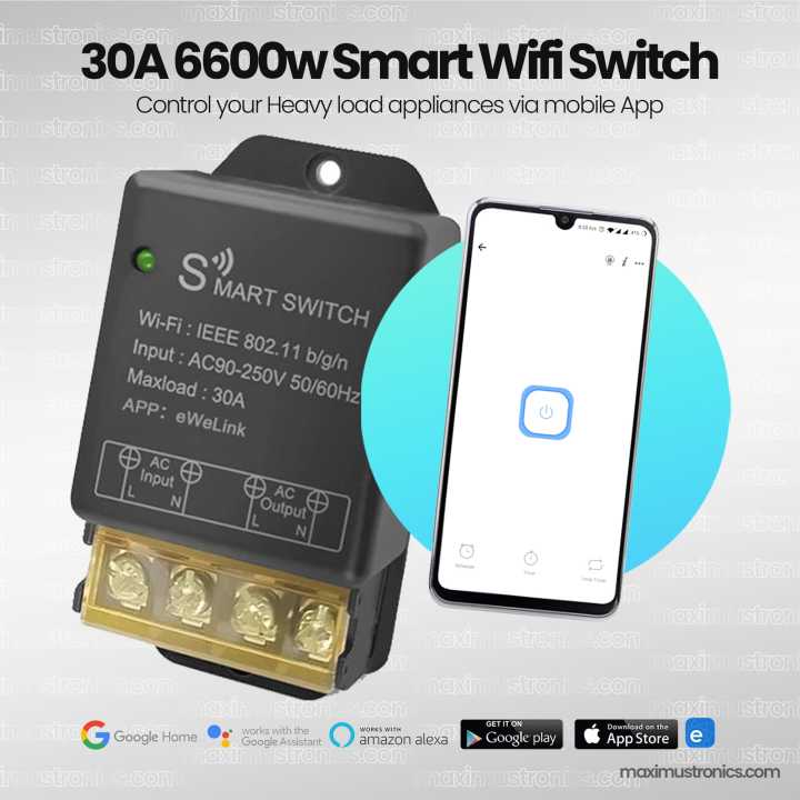 30A 220V 6600w Smart wifi switch for heavyload appliances geyser, electric heater, air conditioner, water pump, motor, mobile app ewelink